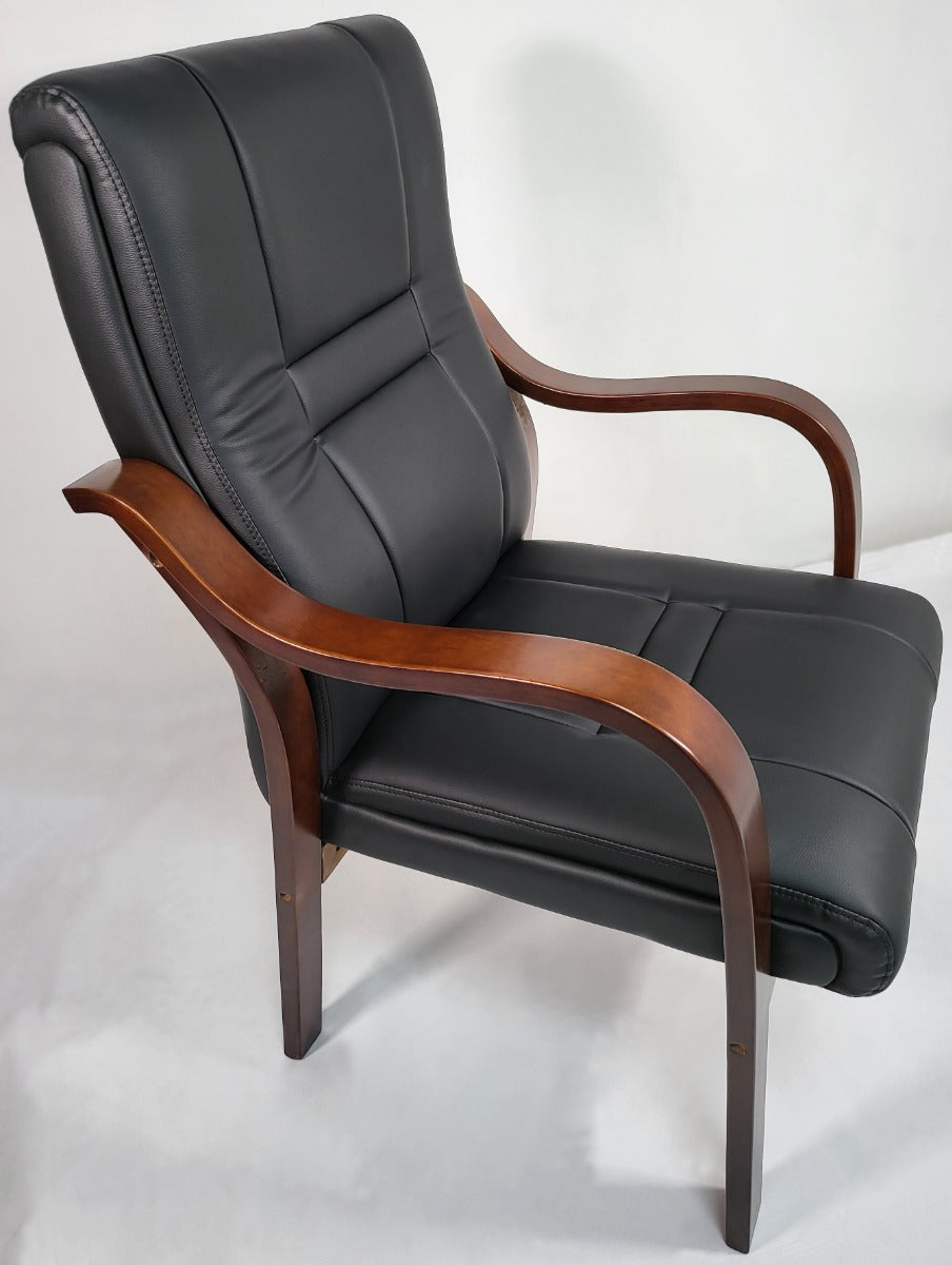 Black Leather Meeting Chair with Walnut Veneered Arms - C48